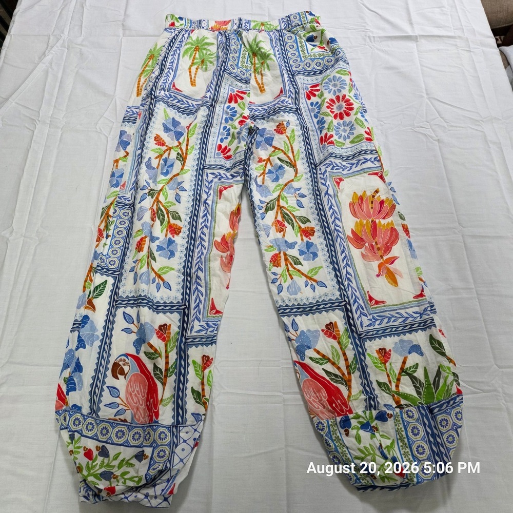 Farm Rio Tropical Tiles Cotton Pants Parrots Pineapples Blue White Small